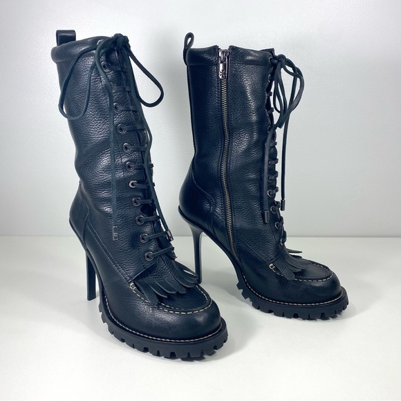 Tory Burch Shoes - Tory Burch Trigg Black Pebbled Leather Mid Calf Rugged Stilleto Kiltie Boots 8.5